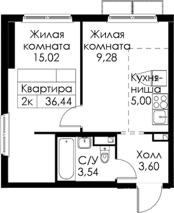 1-комнатная квартира 36.44 м², 14/15 эт., ЖК «Янинский лес»